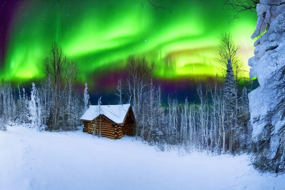 Wooden cabin in snowy forest under vibrant aurora borealis