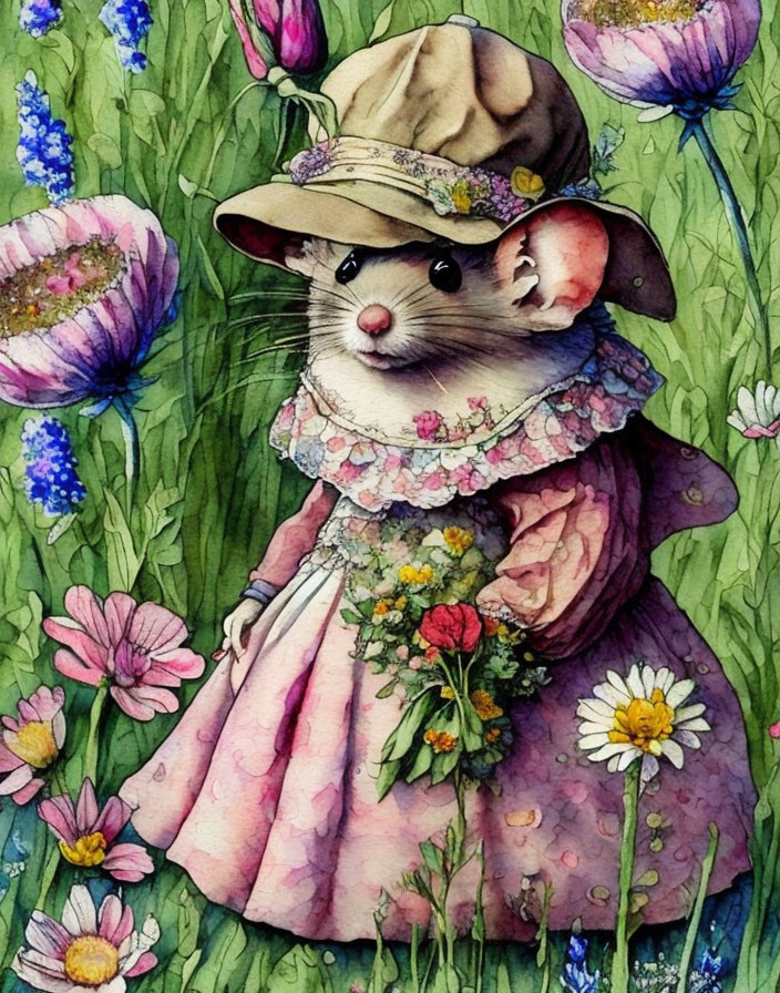 Illustrated mouse in floral attire surrounded by colorful flowers