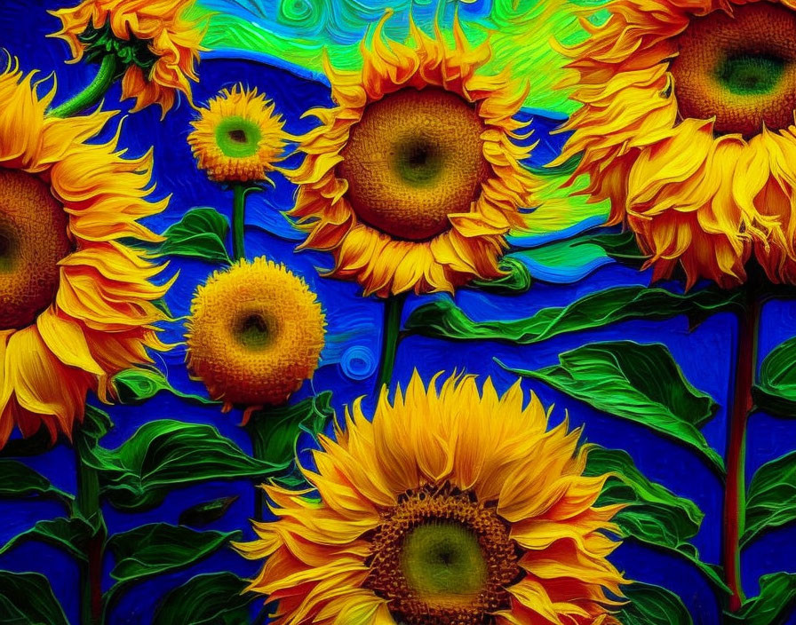 Colorful sunflower painting with textured, 3D effect on blue backdrop