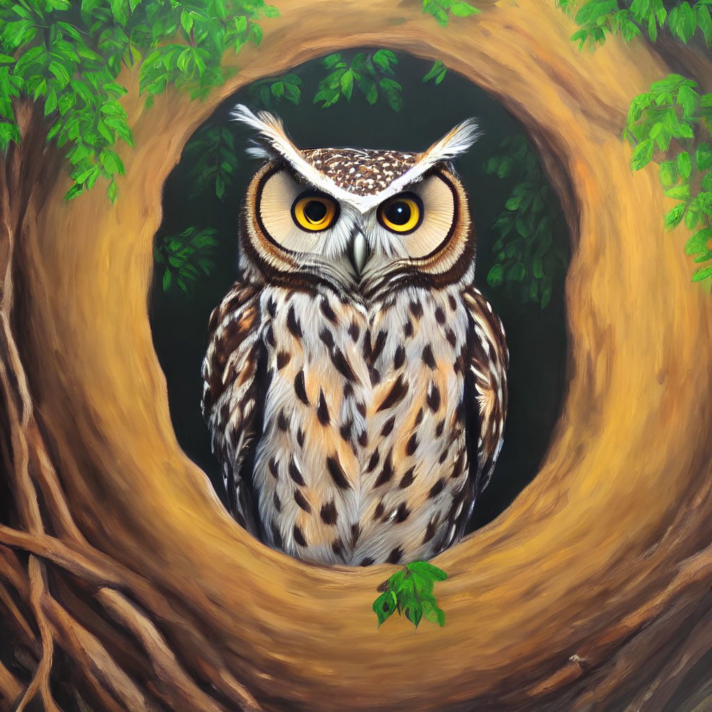 Owl perched in tree hollow with captivating eyes