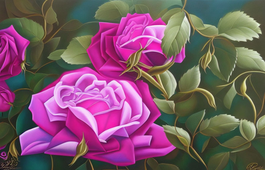 Vibrant painting of three pink roses on dark background