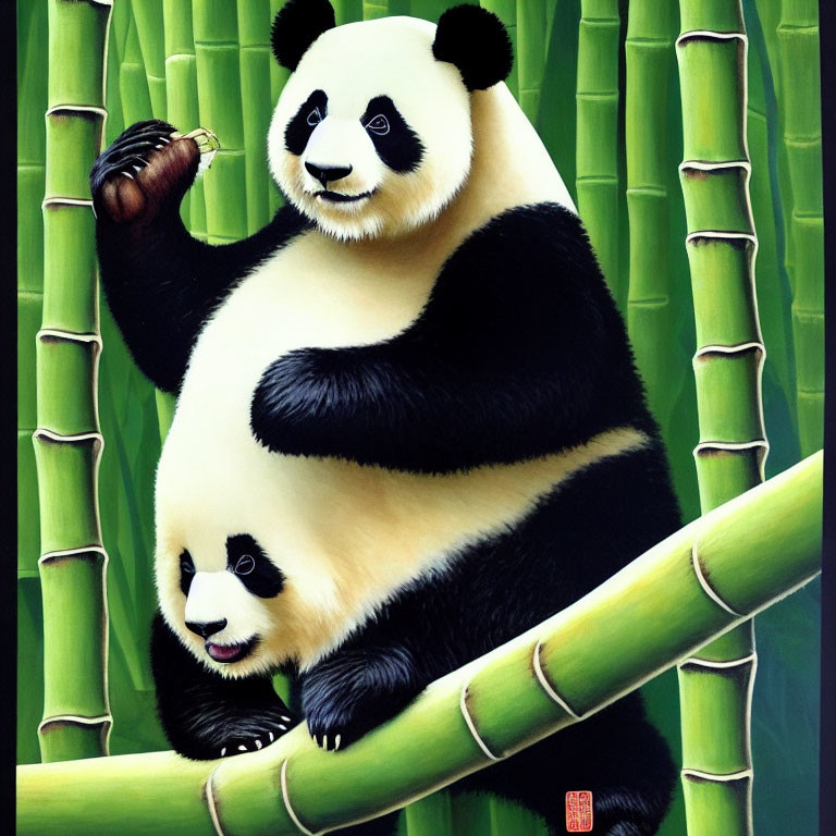 Panda and Cub in Bamboo Forest Painting