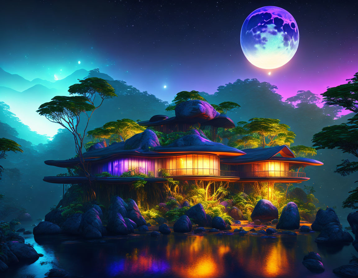 Modern house in forest by river under starry sky with oversized purple moon