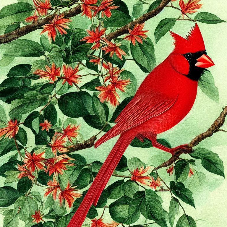 Vibrant red cardinal on branch with green foliage and red flowers