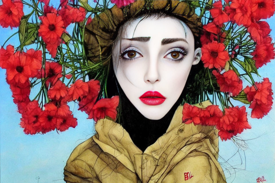 Illustration of woman with red flowers and striking makeup on yellow garment