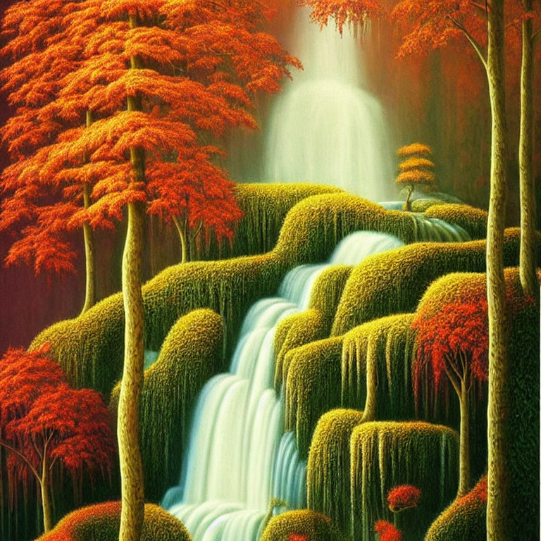 Tranquil forest scene with moss-covered waterfall and red-leafed trees