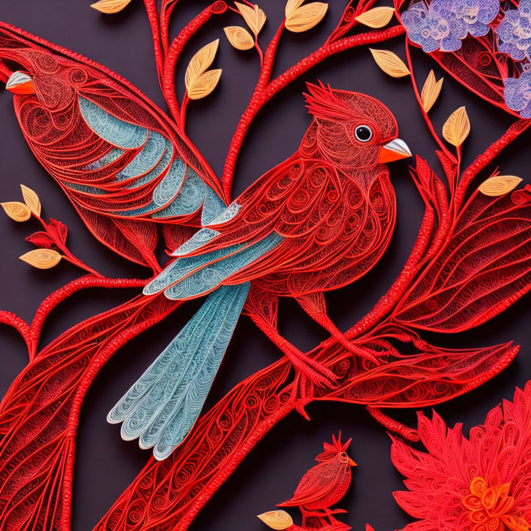 Detailed Red and Blue Quilled Birds on Branches with Foliage and Flowers