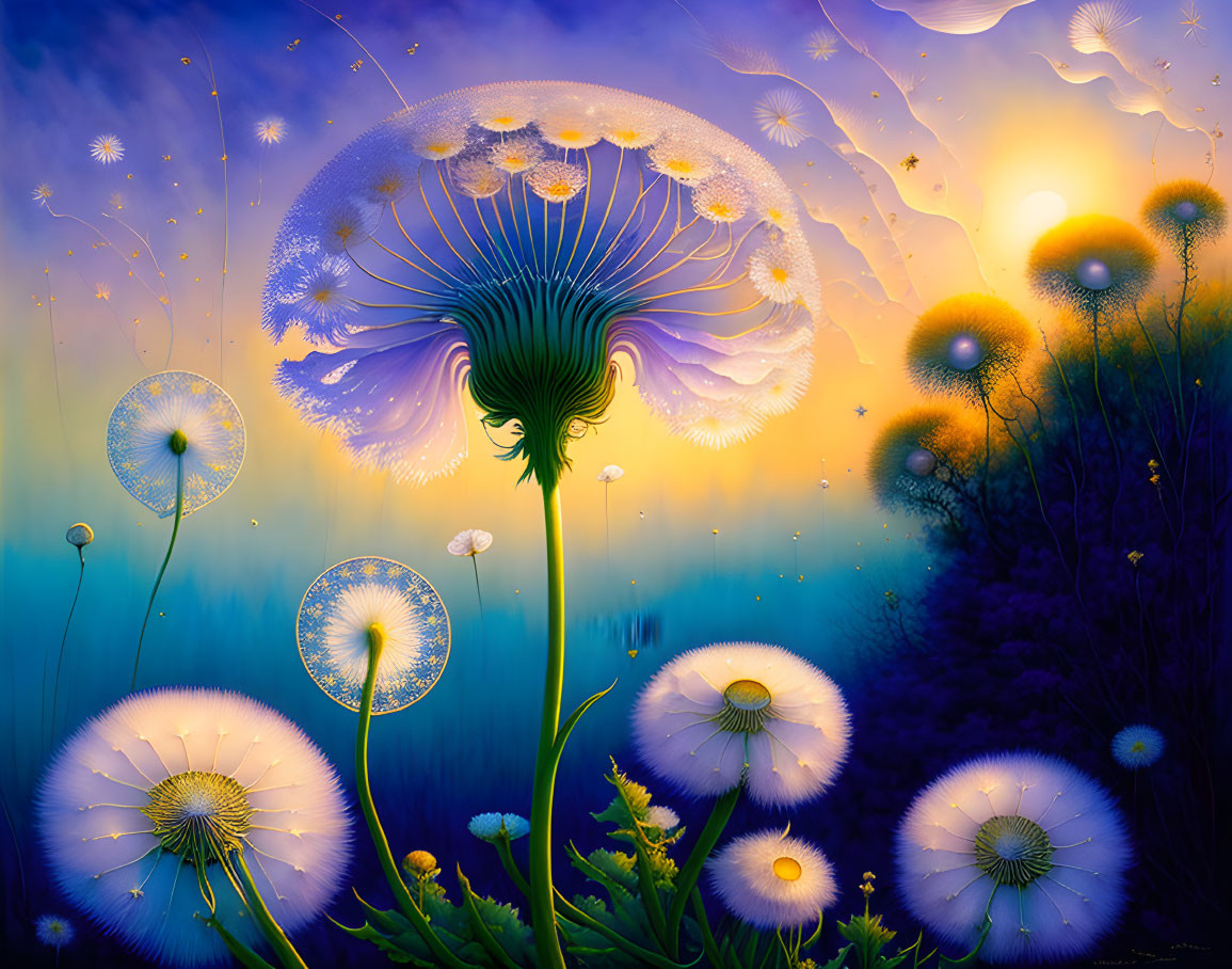 Fantasy landscape with oversized glowing dandelions and whimsical jellyfish-like tree.