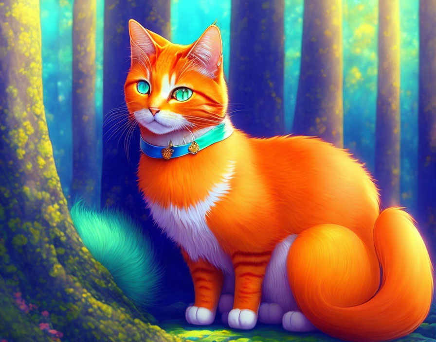 Colorful Orange Cat with Blue Eyes in Fantasy Forest Setting