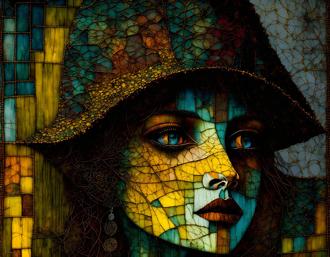 Colorful mosaic-style portrait of a woman with vibrant hues and stained glass patterns