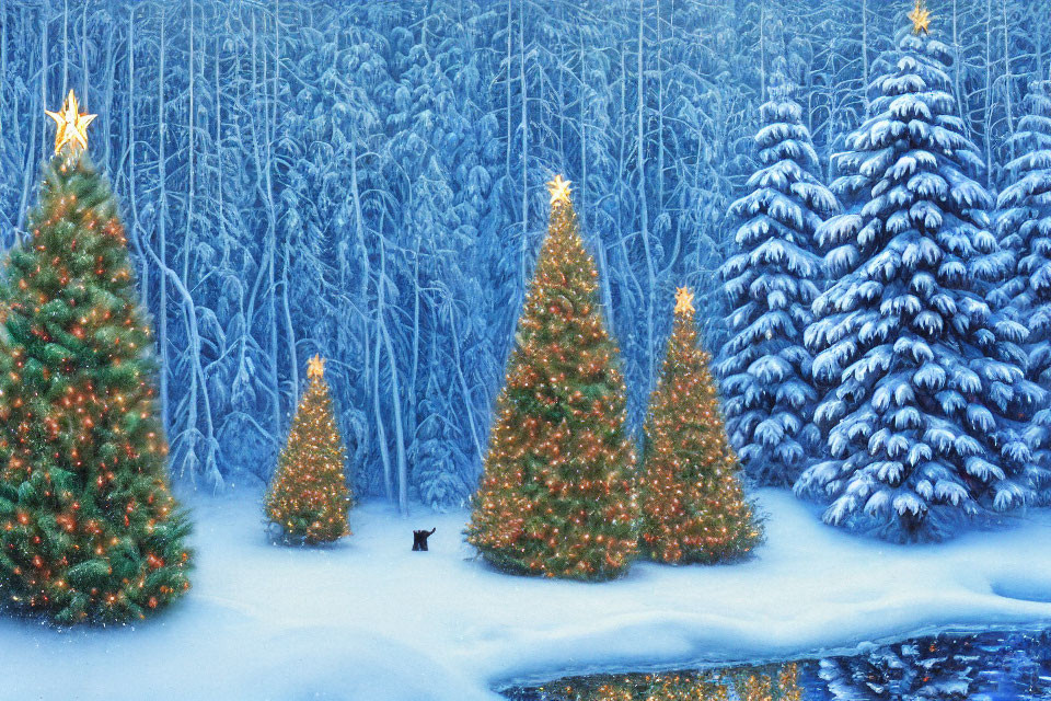 Winter Scene with Snow-Covered Trees, Christmas Tree, Lights, Cat, and Icy Pond