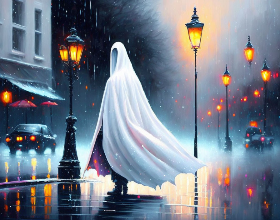 Ghostly Figure in White Sheet Stands on Rainy Street at Night