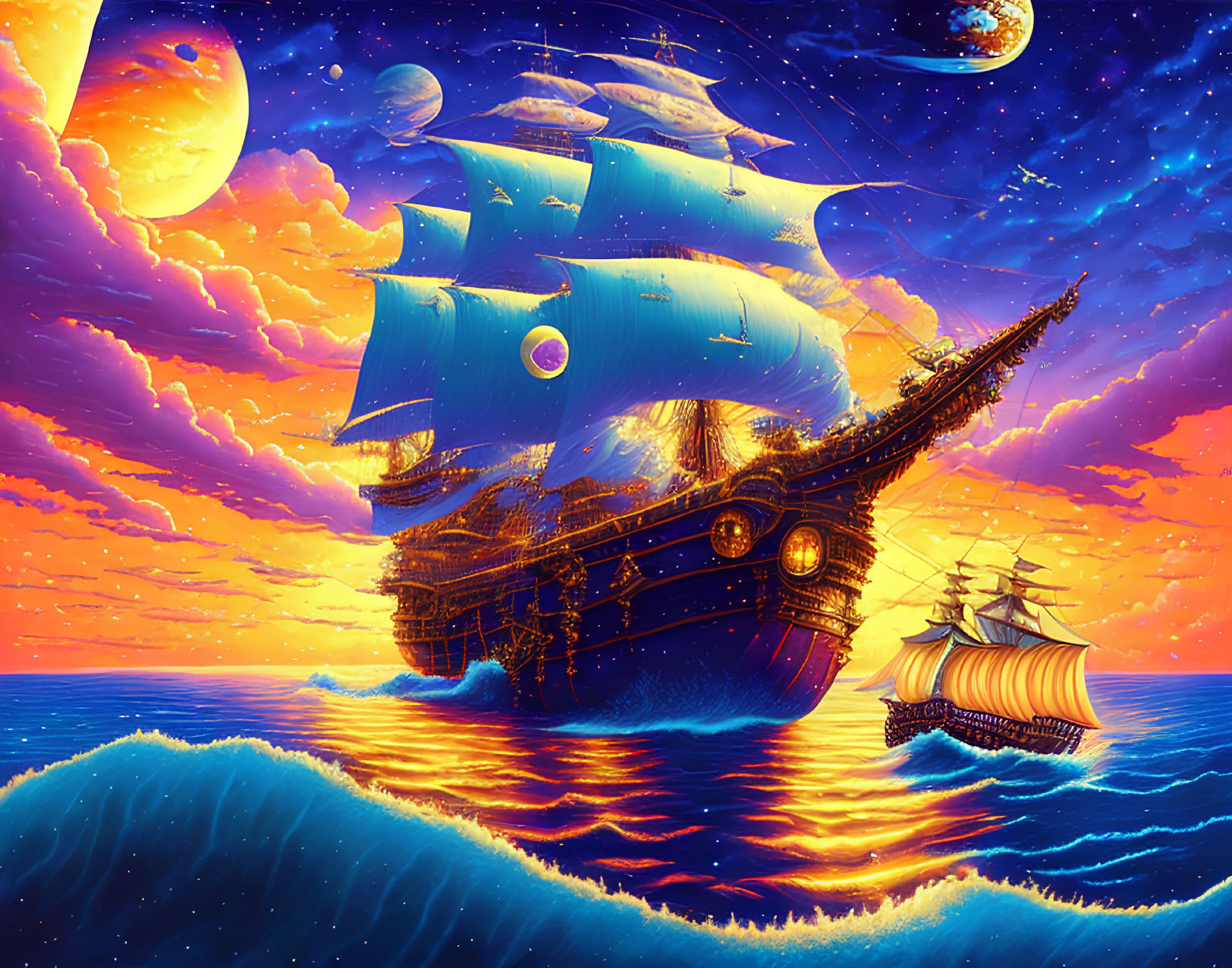 Fantasy artwork of sailing ships on wavy seas under surreal sky