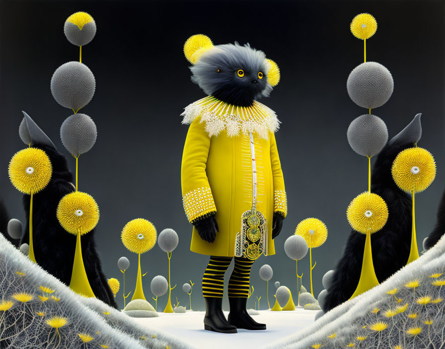 Cat-headed creature in yellow coat and gloves in whimsical field with yellow and gray flora.