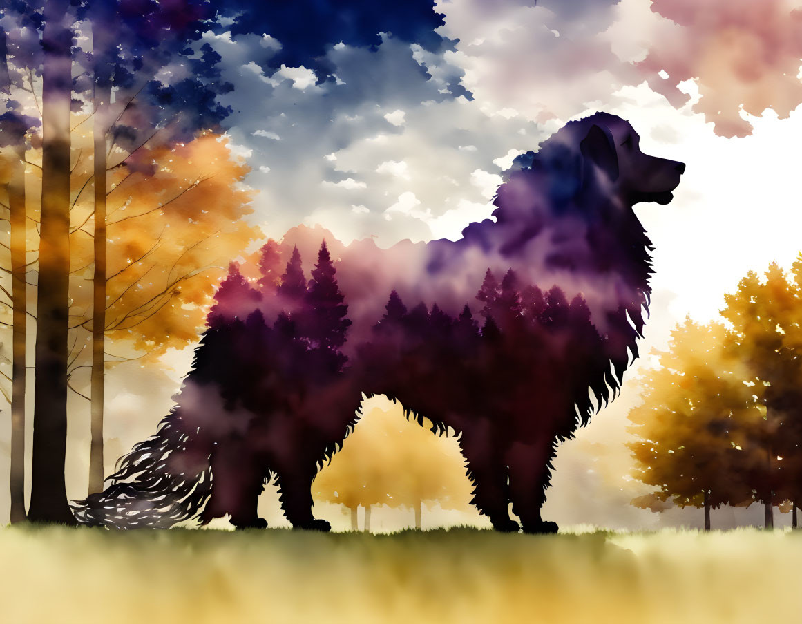 Dog silhouette merges with forest and sunset colors.