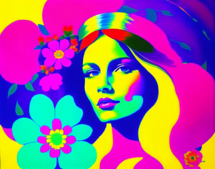 Colorful Psychedelic Woman Portrait with Floral Elements