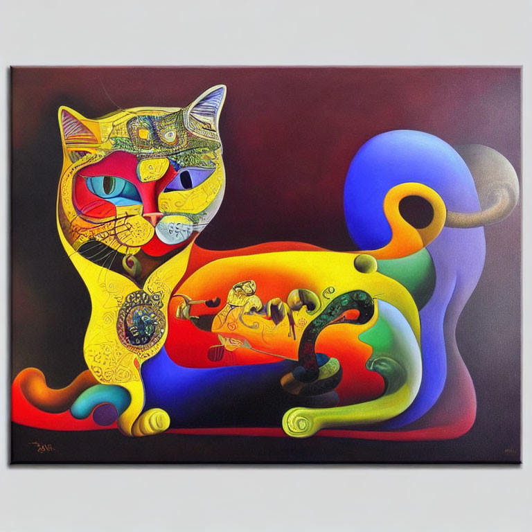 Vibrant abstract painting of two stylized cats with ornate patterns