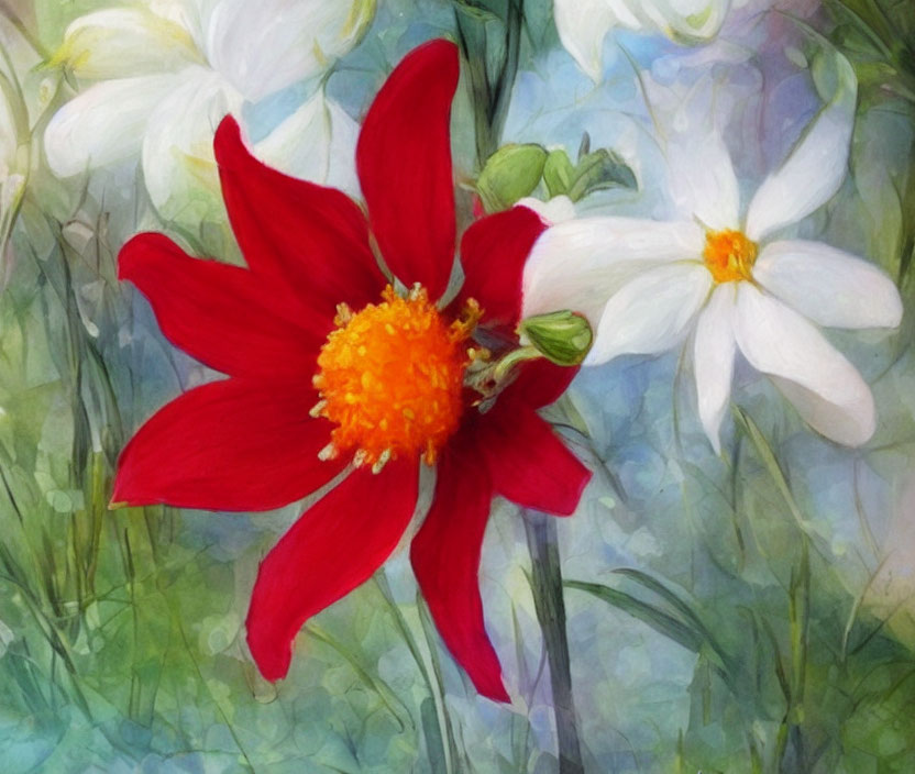 Colorful red flower with yellow center in painterly style