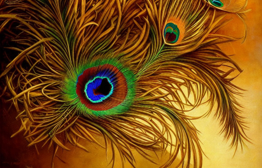 Colorful Close-Up Peacock Feathers on Golden Background