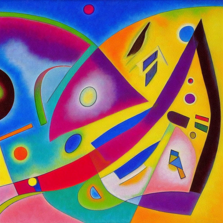 Vibrant abstract painting with geometric shapes and sharp lines
