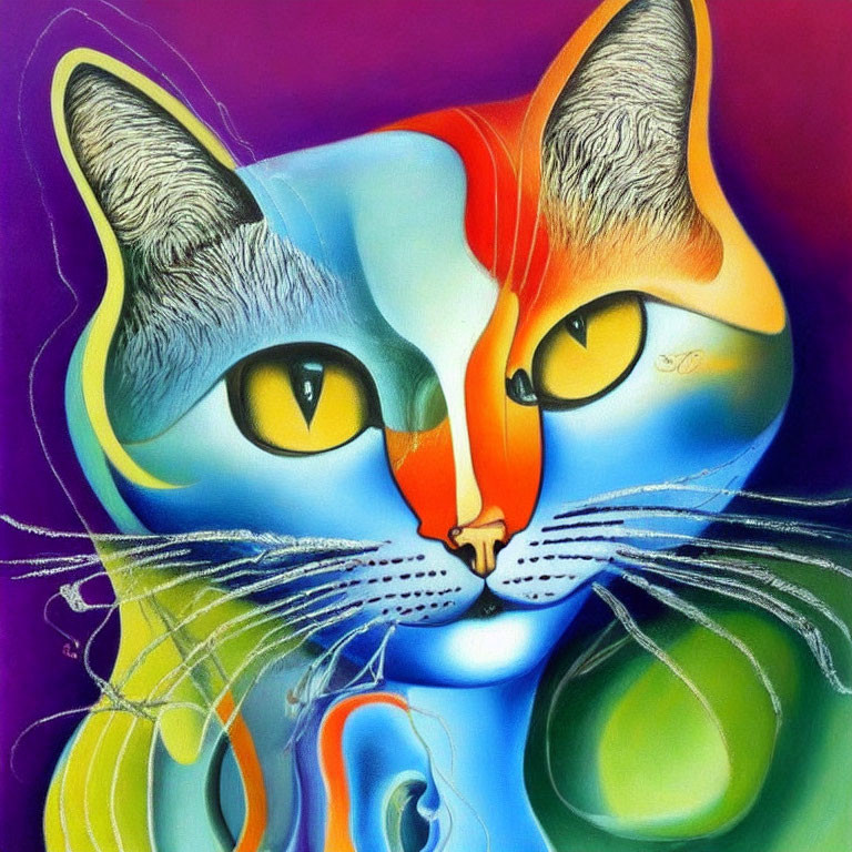 Vibrant surreal cat painting with fragmented face and bright colors