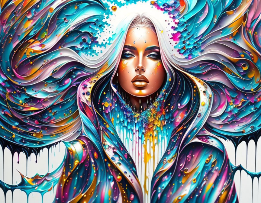 Colorful digital artwork of woman with flowing hair and cloak merging with abstract splashes on piano key backdrop