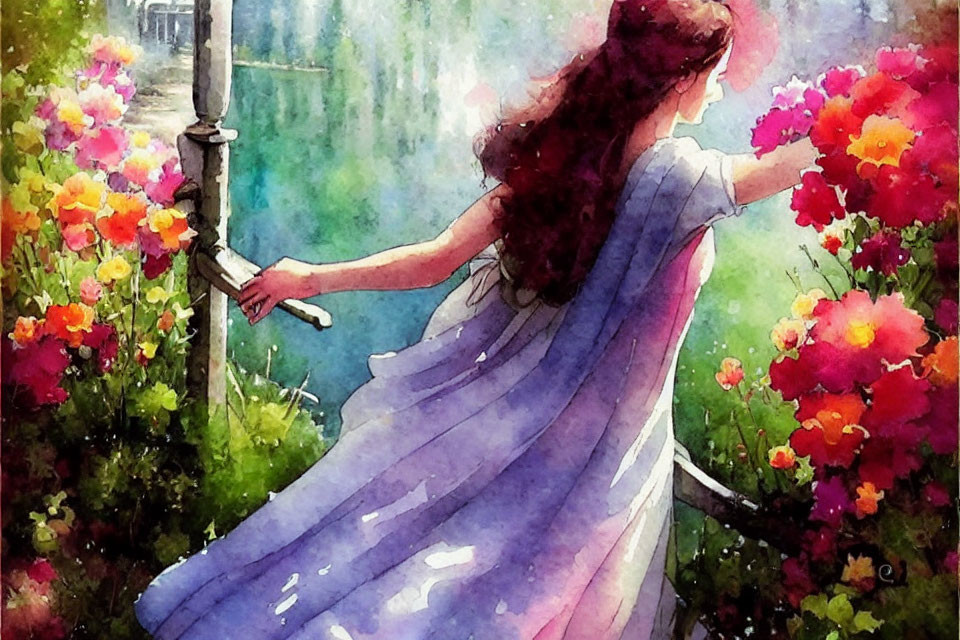 Woman in Lavender Dress Surrounded by Vibrant Flowers Leaning on Fence