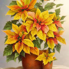 Colorful floral arrangement painting with yellow and orange flowers in a brown vase on pale green background