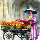 Person in Large Hat and Purple Cloak with Flower Cart and Architectural Background