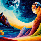 Colorful surreal painting: cow, striped hills, moons, stars