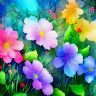 Vibrant Flower Painting in Pink, White, Red, Yellow, Green, and Blue