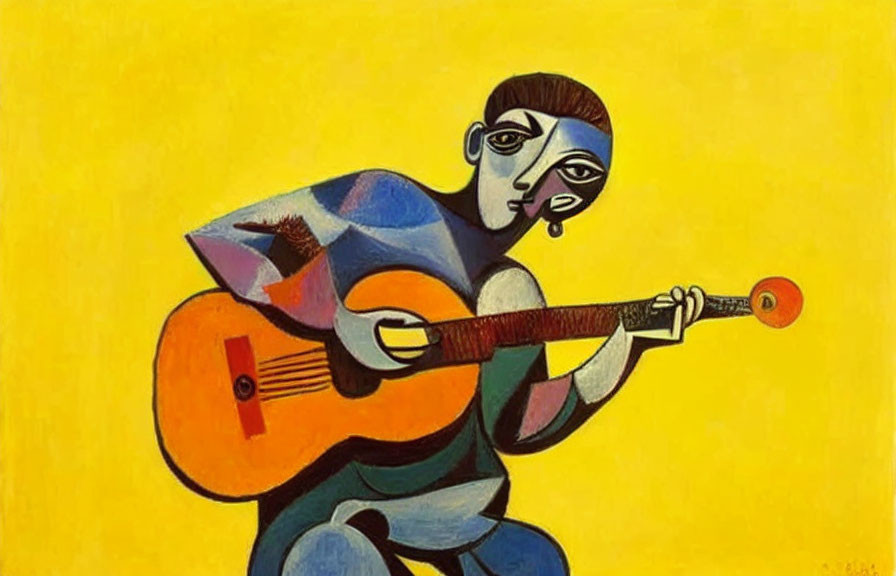 Abstract Cubist Painting of Figure Playing Guitar on Vibrant Yellow Background