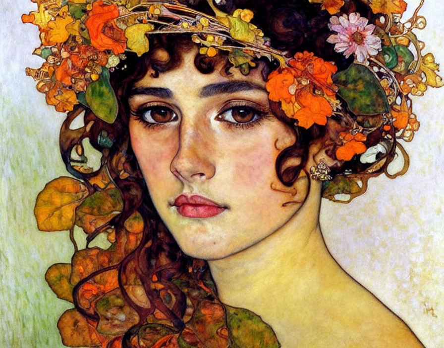 Colorful Art Nouveau Woman Portrait with Floral Headpiece