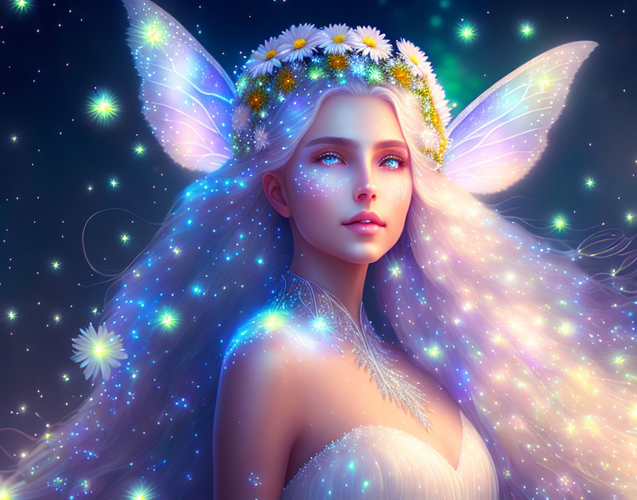 Fantasy portrait of a fairy with luminescent wings and floral crown