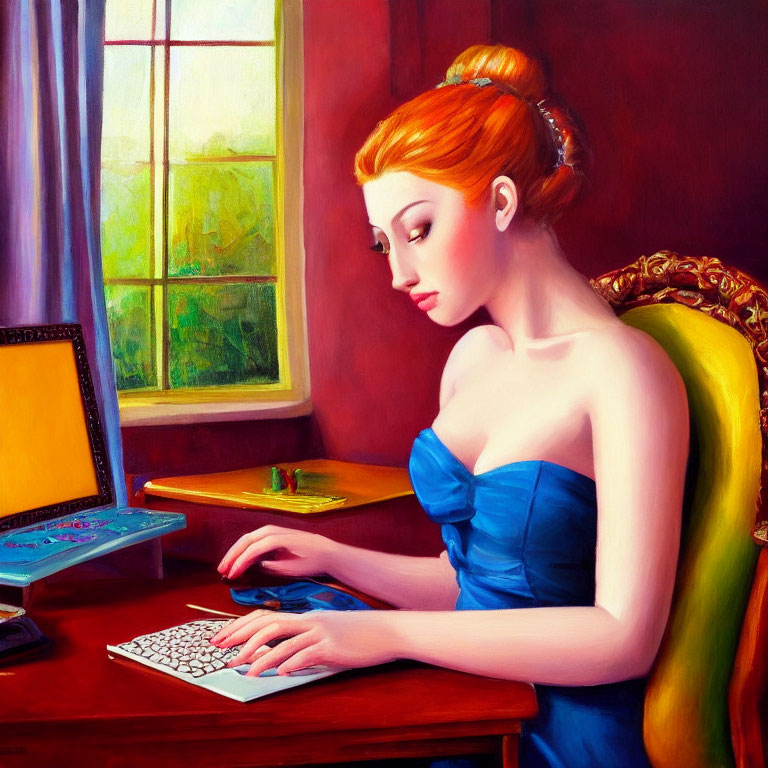 Woman with Red Hair in Blue Dress Working on Computer at Desk by Window with Greenery