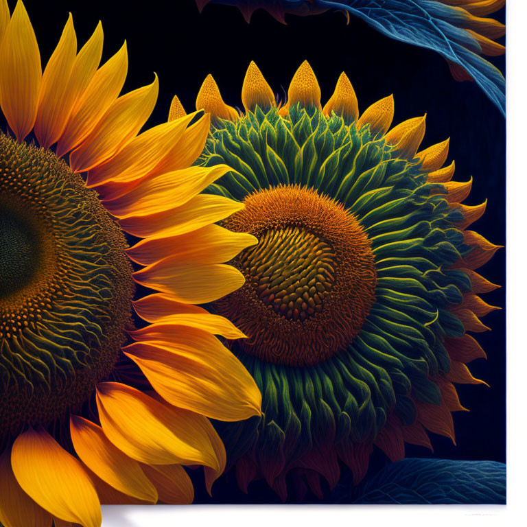 Detailed digital artwork featuring vibrant sunflowers on dark background