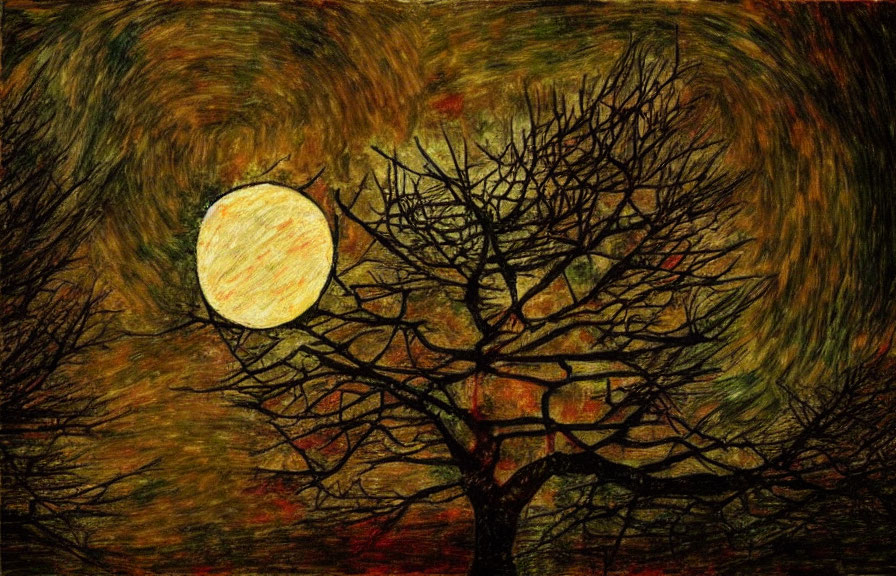 Barren tree painting under dark sky with bright moon