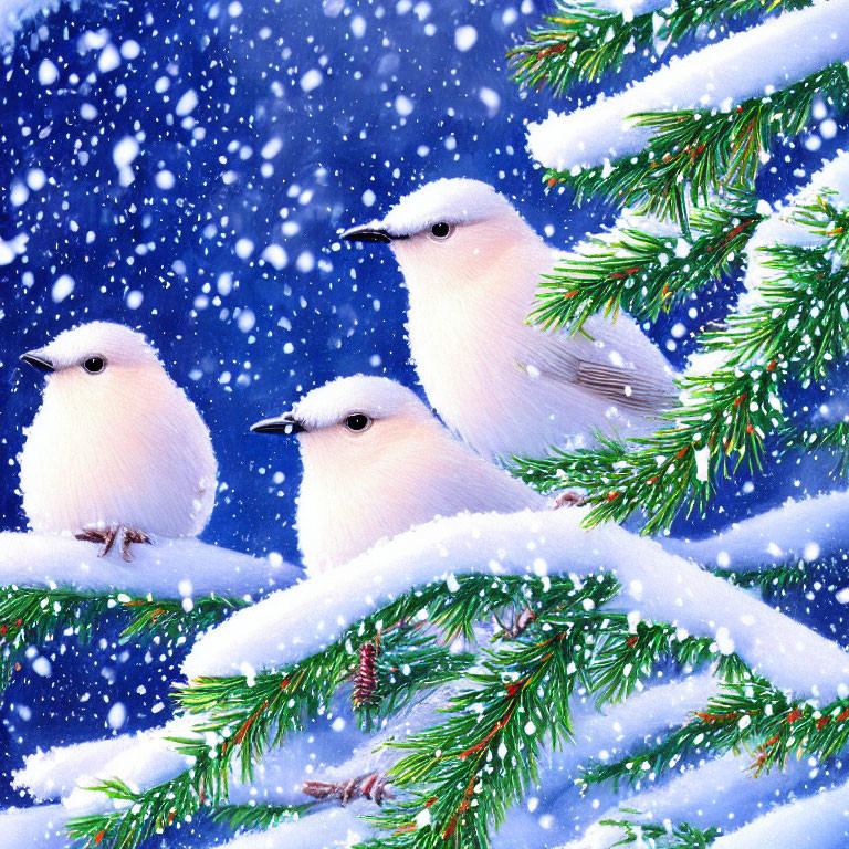 Three white birds on snow-covered fir branches under falling snowflakes on blue background.