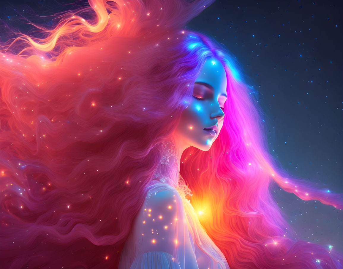 Vibrant digital artwork: Woman with neon hair in cosmic setting