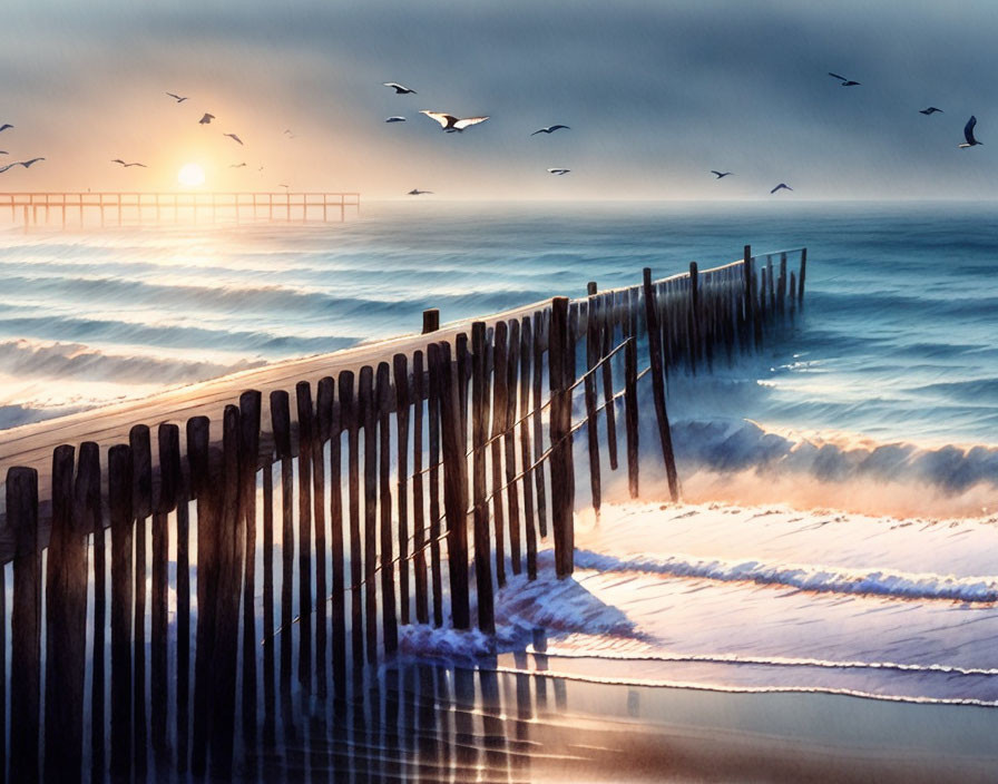 Tranquil sunrise beachscape with wooden fence, waves, and birds