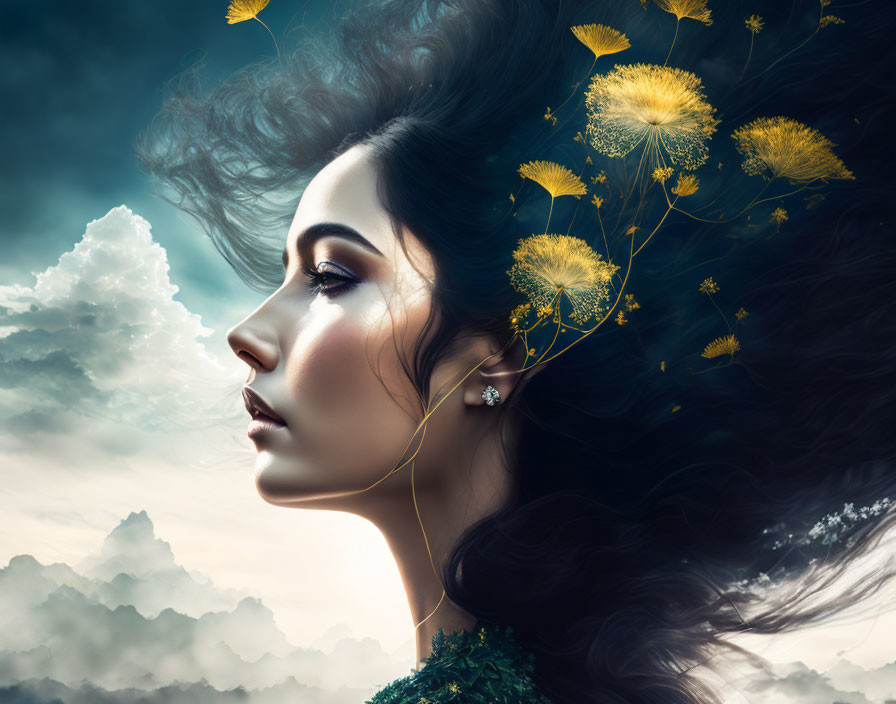 Profile view of woman with dark hair in dreamy sky with glowing dandelions