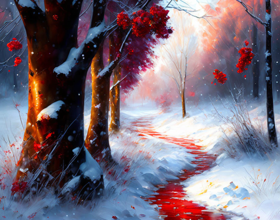 Snowy Forest Path with Vibrant Red Foliage Under Soft Light