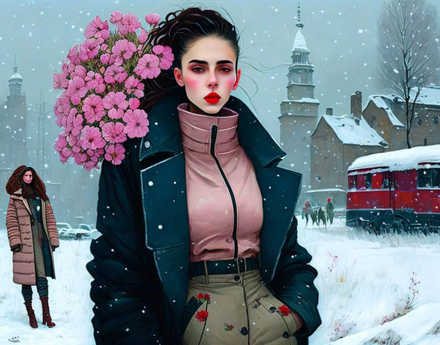 Illustrated woman in pink top and black jacket in snowy vintage tram scene