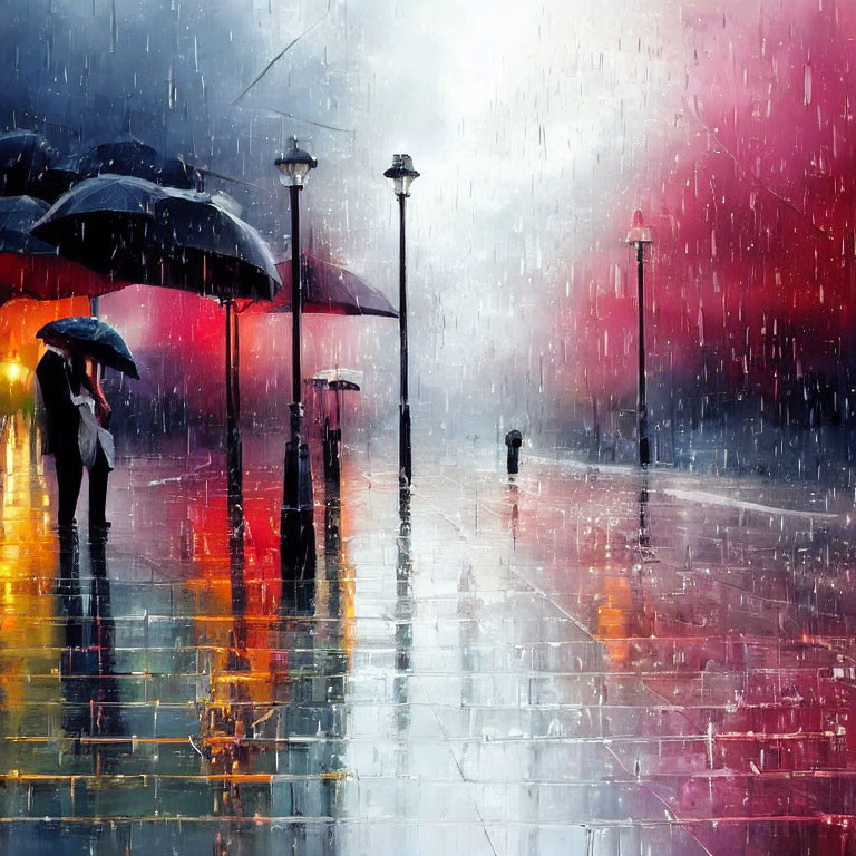Colorful painting of people with umbrellas on rain-soaked street at night
