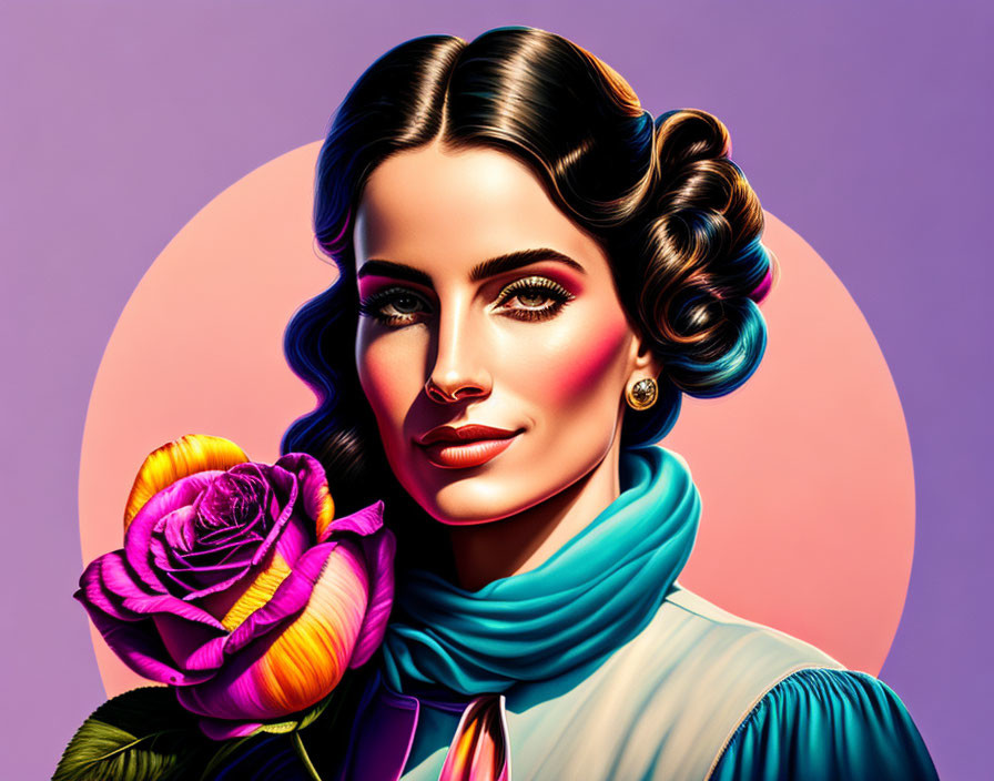 Stylized woman illustration with multicolored rose on purple background