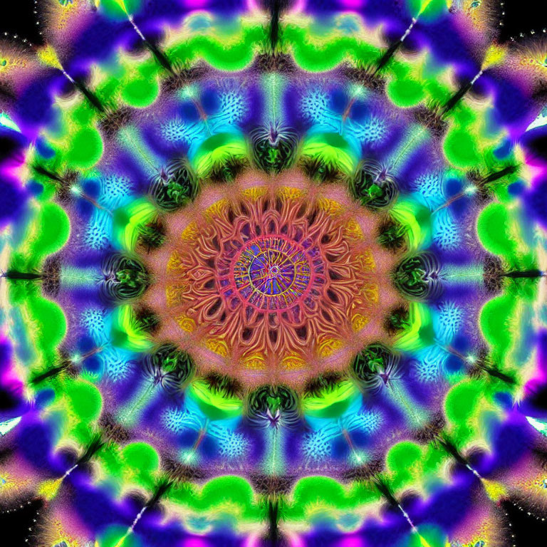 Colorful Psychedelic Kaleidoscope Pattern with Mandala-like Designs