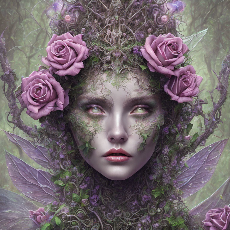 Fantasy portrait of woman with floral patterns, purple roses, butterfly wings, and green ambiance
