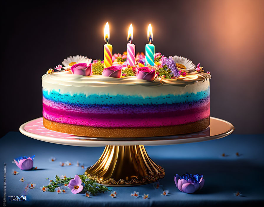 Colorful Layered Cake with Floral Decor on Gold Stand