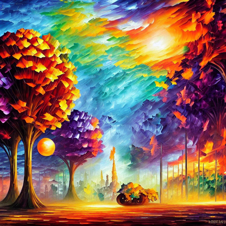 Colorful Landscape Oil Painting with Spectrum Sky and Bicycle under Golden Sun