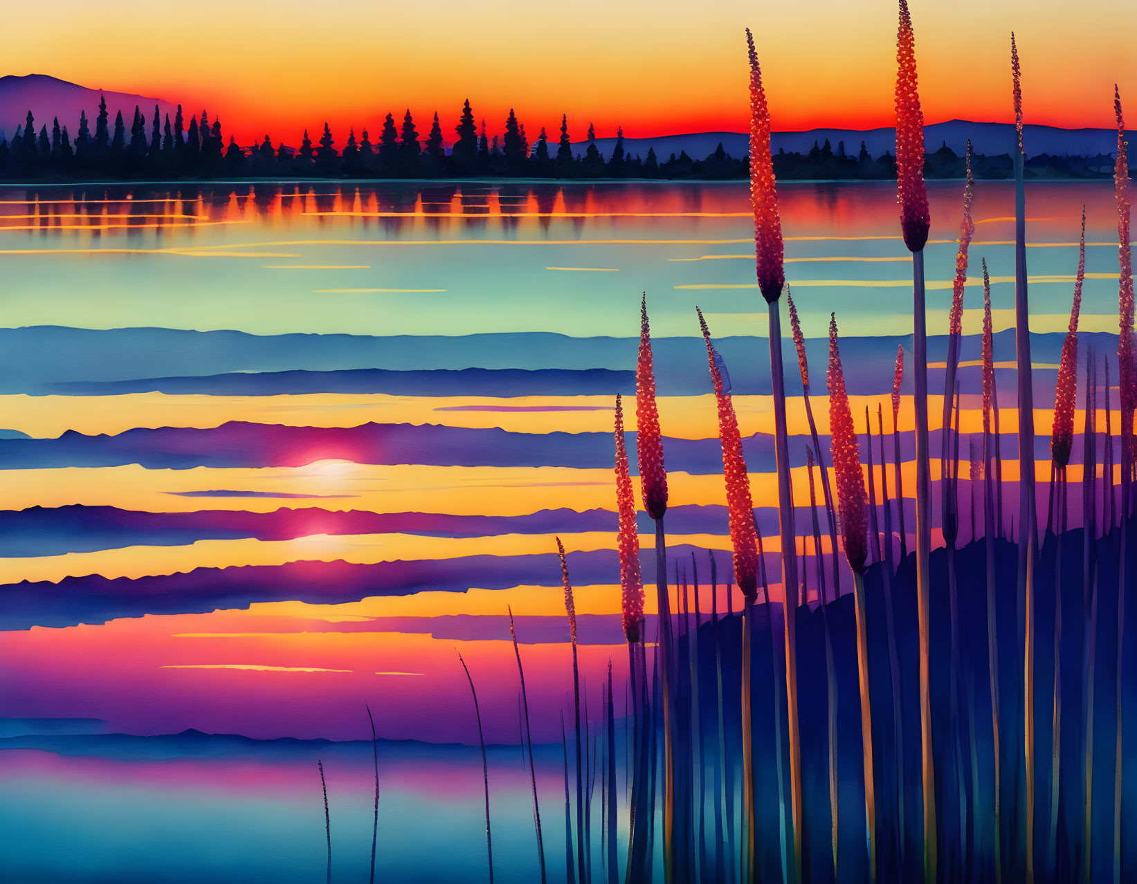 Digital Art: Vibrant Sunset Scene with Silhouetted Reeds and Colorful Sky Reflection